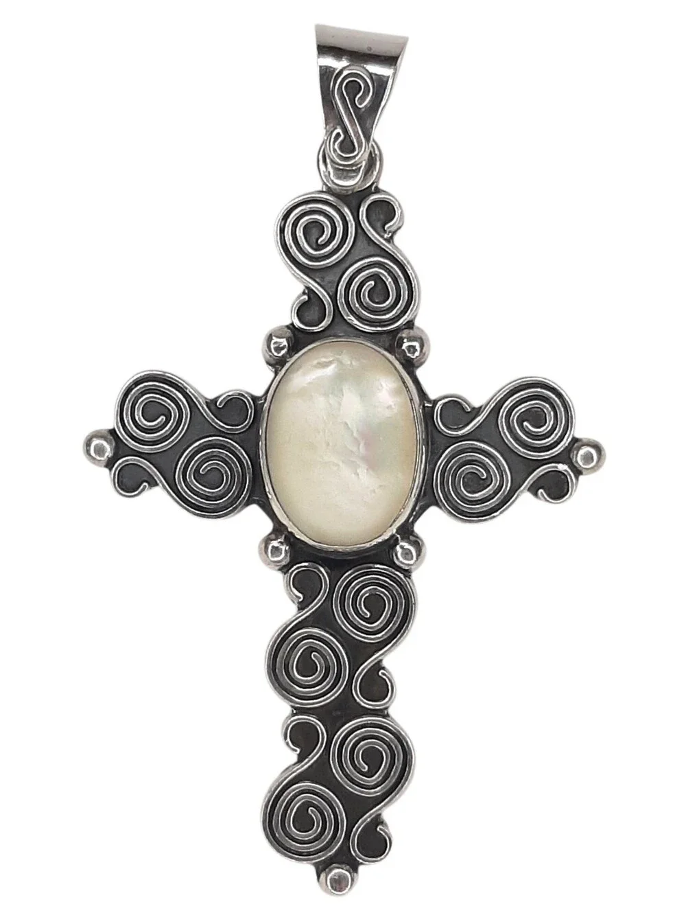 Vintage MSW 925 Sterling Silver Cross Pendant Mexico Stamped Mother Of Pearl